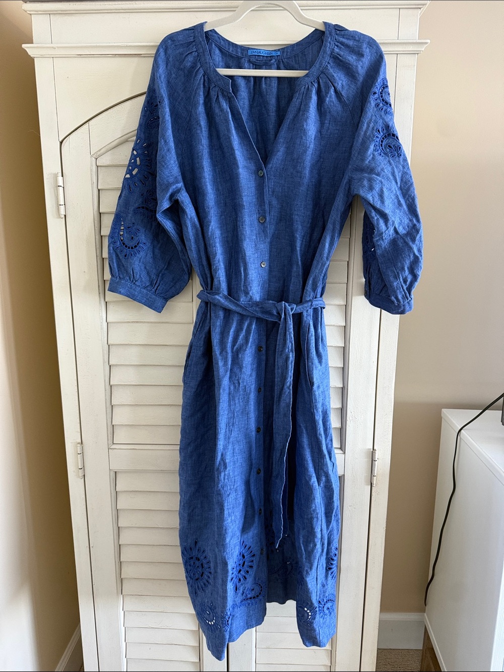 Blue Linen Button-Front Midi/Maxi Dress with Tie Waist and Eyelet Detail